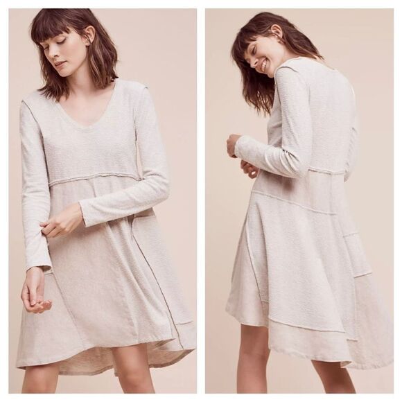 Maeve Anthropologie lagenlook Northward Swing Dress Patchwork Neutral Linen Cott - Picture 1 of 12
